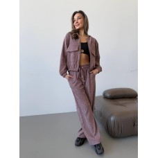 Вельветовый костюм кофта с накладными карманами+брюки мокко