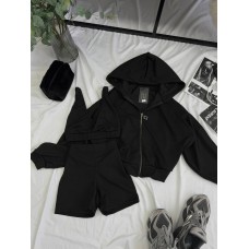 Классный трикотажный костюм тройка (кофта+топ+шорты) черный