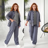 Костюм тройка (льняные рубашка с лампасами+брюки прямого кроя+футболка в полоску) джинс