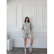 Трикотажный костюм (удлиненная футболка+свободные шорты) двухнитка серый