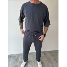 Костюм из двухнитки (прямого кроя брюки со шнурком по талии+футболка с длинным рукавом) графит