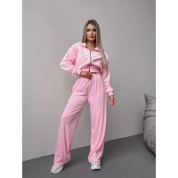 Женский велюровый костюм двойка: кофта с капюшоном+брюки с карманами розовый