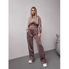 Женский велюровый костюм двойка: кофта с капюшоном+брюки с карманами мокко