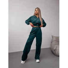 Женский велюровый костюм двойка: кофта с капюшоном+брюки с карманами изумруд