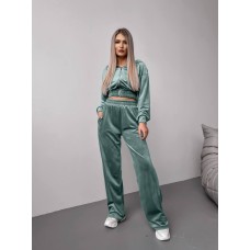 Женский велюровый костюм двойка: кофта с капюшоном+брюки с карманами мята
