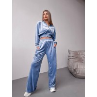 Женский велюровый костюм двойка: кофта с капюшоном+брюки с карманами голубой