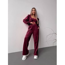 Женский велюровый костюм двойка: кофта с капюшоном+брюки с карманами марсала