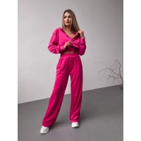 Женский велюровый костюм двойка: кофта с капюшоном+брюки с карманами малина