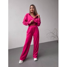 Женский велюровый костюм двойка: кофта с капюшоном+брюки с карманами малина