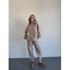 Теплый уютный костюм из меха Тедди с отделкой кантом (кофта с капюшоном+брюки на манжетах) бежевый