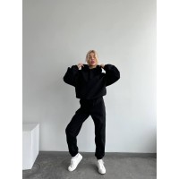 Теплый женский костюм (толстовка+штаны) трехнить на флисе черный