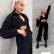 Уютный меховой костюм тройка (бомбер+топ на завязках+джоггеры) черный