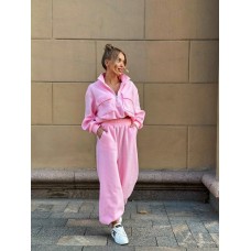 Флисовый костюм (кофта с накладными карманами+воротник на молнии+брюки) розовый