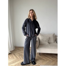 Уютный костюм ( кофта Оверсайз+ высокая посадка брюк) велюр на меху графит