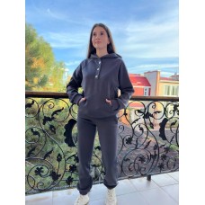 Теплый и удобный женский костюм (Кофта с оригинальной фурнитурой+брюки) графит
