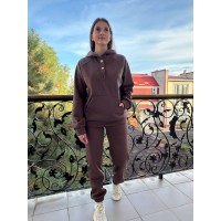 Теплый и удобный женский костюм (Кофта с оригинальной фурнитурой+брюки) шоколад