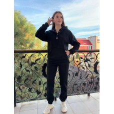 Теплый и удобный женский костюм (Кофта с оригинальной фурнитурой+брюки) черный