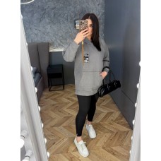 Костюм для прогулки+спорта (удлиненный худи с карманами+эластичные лосины черного цвета) графит