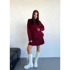 Костюм (юбка плиссе + свитер Оверсайз) вязка бордо