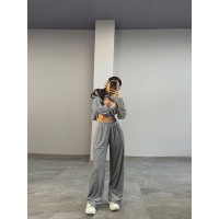 Велюровый костюм кофта на молнии+свободные штаны серый