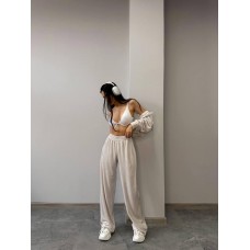 Велюровый костюм кофта на молнии+свободные штаны беж