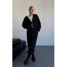 Теплый костюм из флиса (укороченная кофта на молнии с капюшоном+брюки низ на резинке) черный