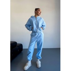Теплый костюм из флиса (укороченная кофта на молнии с капюшоном+брюки низ на резинке) голубой