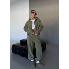 Теплый костюм из флиса (укороченная кофта на молнии с капюшоном+брюки низ на резинке) олива