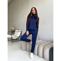 Теплый костюм из ангоры (кофта воротник стойка на молнии+зауженные брюки) темно-синий