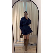 Женственный костюм из коттона поплина (рубашка с пышными рукавами+юбка с оборочкой) темно синий
