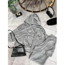 Теплый плюшевый костюм (кофта с капюшоном+блестящей бабочкой+брюки с резинкой по низу) серый