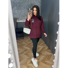 Костюм для прогулки+спорта (удлиненный худи с карманами+эластичные лосины черного цвета) марсала