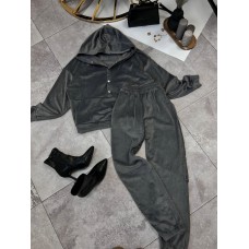 Велюровый теплый костюм (кофта с капюшоном+брюки низ на манжете) графит