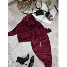 Велюровый теплый костюм (кофта с капюшоном+брюки низ на манжете) марсала