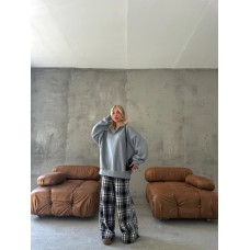 Костюм (кофта оверсайз из флиса+брюки с лампасами из фланели в клетку) меланж