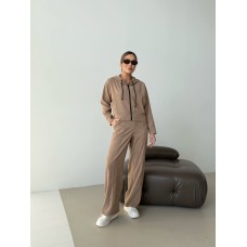 Вельветовый костюм (укороченная кофта с карманами+брюки со стрелками+карманами) бежевый