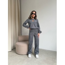 Вельветовый костюм (кофта с вырезом в форме сердечка+прямые брюки на эластичном поясе) графит