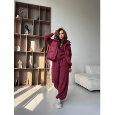 Женский костюм тройка (костюм из трехнитки на флисе+жилет с капюшоном на молнии) бургунди