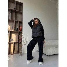 Женский костюм тройка (костюм из трехнитки на флисе+жилет с капюшоном на молнии) черный