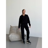 Вельветовый костюм (кофта с воротником на молнии+брюки низ на манжете) черный