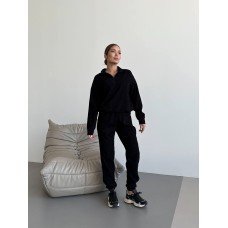 Вельветовый костюм (кофта с воротником на молнии+брюки низ на манжете) черный
