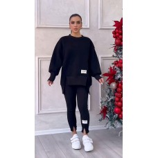 Теплый костюм из плюша (кофта ассиметричного кроя с манжетой по низу+лосины с разрезами) черный