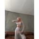 Уютный трикотажный костюм (брюки+кофта укороченная с длинным рукавом) бежевый