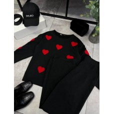 Теплый костюм из двухнитки (кофта с сердечками+круглой горловиной+прямого кроя брюки) черный