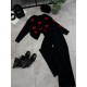 Теплый костюм из двухнитки (кофта с сердечками+круглой горловиной+прямого кроя брюки) черный