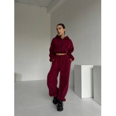 Теплый костюм (укороченная кофта+брюки свободные) с регуляторами по низу кофты/брюк марсала