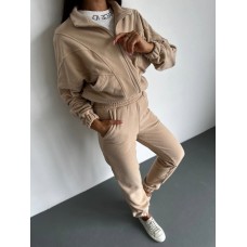 Костюм из флиса (кофта на молнии+брюки на высокой талии с манжетой по низу) бежевый