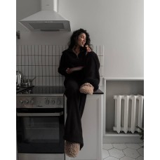 Костюм из ангоры в рубчик (свободные брюки+кофта с воротником стойкой на молнии) черный