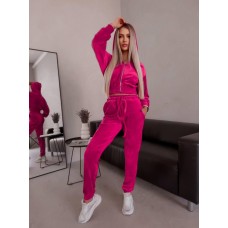 Велюровый костюм двойка: кофта на змейке с капюшоном+штаны с манжетами малина
