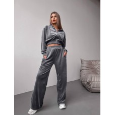 Женский велюровый костюм двойка: кофта с капюшоном+брюки с карманами графит